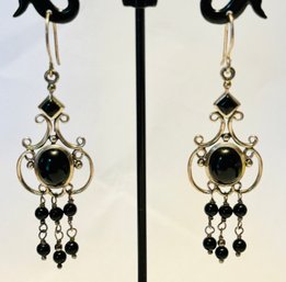 BEAUTIFUL STERLING SILVER BLACK ONYX DANGLE EARRINGS