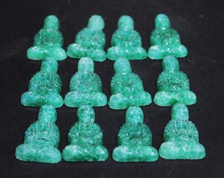 Lot Of 12 Matching Molded Green Glass Buddha Figures Jewelry Embellishments1