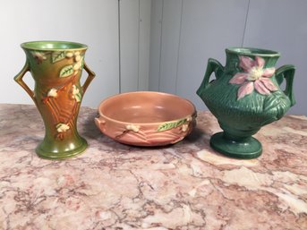 Nice Three (3) Nice Pieces ROSEVILLE POTTERY - Green Clematis And Pink Snowberry Bowl & Green Snowberry Vase
