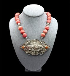 Gorgeous Southwestern Sterling Silver Coral Color Swirl Beads And Large Pendant (Brooch)