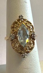 VINTAGE 14K GOLD AQUA MARINE AND DIAMOND ACCENT FILIGREE RING