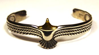 Very Fine Sterling Silver Bird Falcon Cuff Bracelet W Gold Head