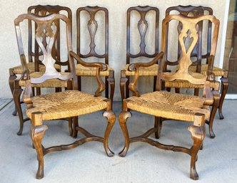 A Set Of 8 Magnificent Carved Mahogany Rush Seated Dining Chairs