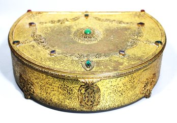 Large Gilt Brass Bejeweled Jewelry Casket Velvet Lined Antique