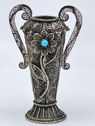 Vintage Silver Filigree Tall Handled Vase Miniature. 3 1/4' Tall.