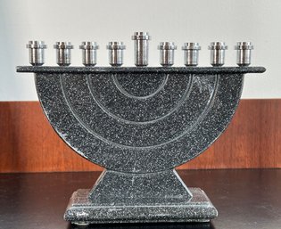 Vintage Black Granite Like Stone Menorah With Chrome Candle Holders