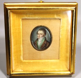 Fine Antique Miniature Painting Of A Gent In Shadow Box Frame Silk Backing