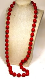 Fine Chinese Hand Carved Cinnabar Beaded Necklace W Silver Clasp 34' Long