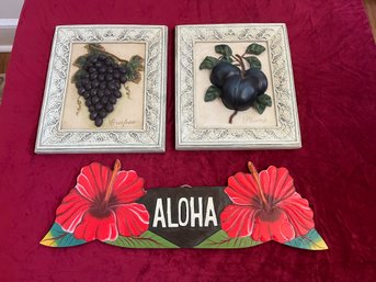 Grape & Plum Wall Art, & Wooden Aloha Sign With Hibiscus Flowers