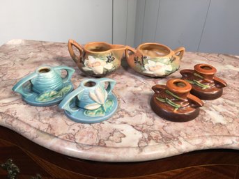 Very Nice Six (6) Piece Lot ROSEVILLE POTTERY Four Candle Holders - Water Lily & Freesia And Sugar & Creamer