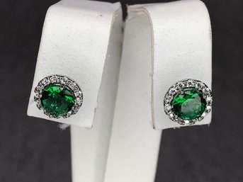 Very Pretty 925 / Sterling Silver Earrings With Emerald And Encircled With Sparkling White Zircons - NEW !