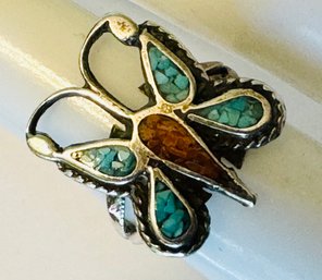 NATIVE AMERICAN STERLING SILVER MOSAIC TURQUOISE AND CORAL BUTTERFLY RING