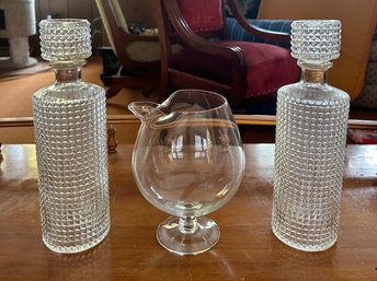 Set Of Vintage Modern Diamond Pressed Glass Whiskey Decanter Bottle &  Glassware Brandy Snifter Pour Spout