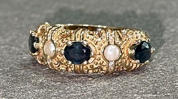 Gorgeous 14K Blue Sapphire, Pearl And Diamond Ring Size 7