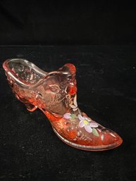 Vintage Fenton Glass Shoe Hand Painted Pink Floral Figurine