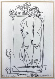 Original Ink Line Drawing Matted And Behind Glass - 'Evening Bath' Numbered And Artist Signed