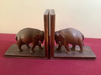 Wood Carved Elephant Book Ends