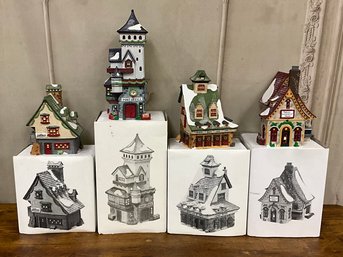 Department 56 Christmas Villages Elf Bunkhouse, Post Office, Reindeer Barn, Popcorn & Cranberry House Set/4