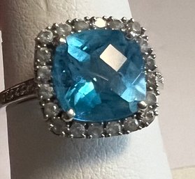 10K WHITE GOLD CUSHION CUT BLUE TOPAZ SURROUND BY WHITE TOPAZ