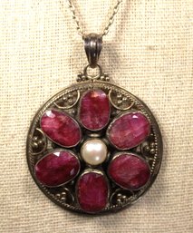 Very Fine Sterling Silver Necklace Having Large Round Medallion Pendant Genuine Ruby Stones