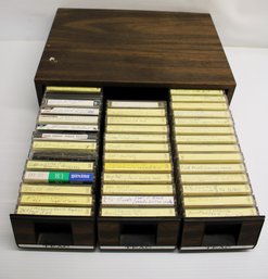 Vintage Wood Cassette Case Full Of Vintage Cassettes From Zeppelin, Pink Floyd, Deep Purple, Neil Young, Etc.