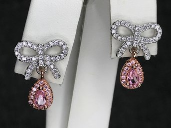 Beautiful Brand New Sterling Silver Bow Earrings With 14K Pink Gold Overlay / White Zircons & Pink Tourmaline