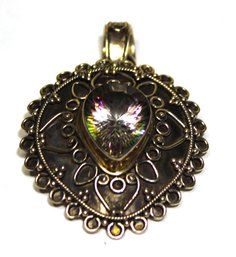 Large Sterling Silver Pendant Having Rainbow Colored Gemstone 2 1/2' Long