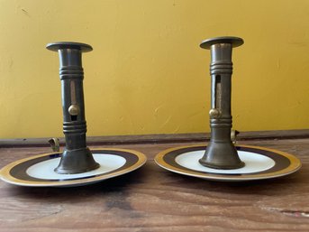 Pair Of Push Up Brass Candle Holders. 7' Tall