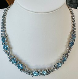 PRETTY SILVER TONE BLUE RHINESTONE CHOCKER NECKLACE