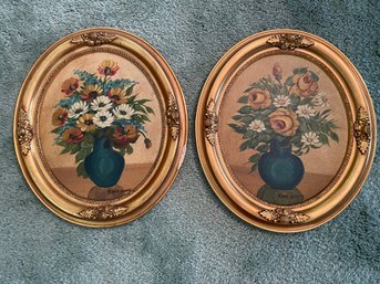 Edna Lewis, Pair Of Vintage Still Life Oil On Board Paintings In Oval Gilt Frames.