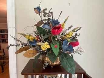 SILK FLOWERS IN BRASS PLANTER