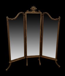 Gorgeous Carved Antique Tri Fold Full Length Dressing Mirror With Gilt Finish