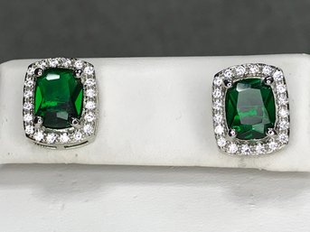 Wonderful 925 / Sterling Silver Earrings With Faceted Emerald Encircles With White Zircons - Brand New !