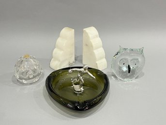 Four Piece Lot Of Ash Tray, Marble Bookends, And 2 Paperweights