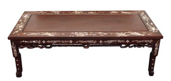 Chinese Inlaid Mother Of Pearl Rectangular Rosewood Coffee Table With Floral And Fauna