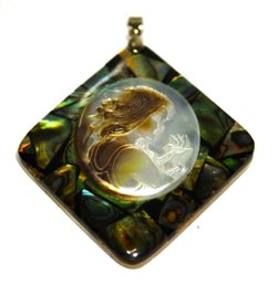 Vintage Fine Carved Abalone And Mother Of Pearl Cameo Large Pendant