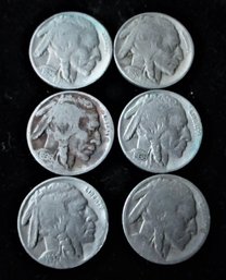 6 U.S. Buffalo Nickels, 1934-1938, 2 D Mint Marks