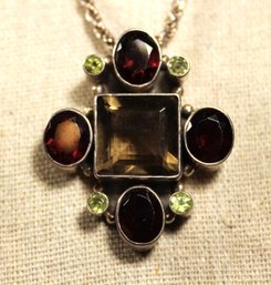 Large Heavy Sterling Silver Pendant Having Gemstones W 20' Chain