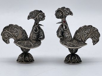 Pair Of Vintage Silver Filigree Roosters Miniature. 2' Tall