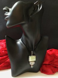 LARGE BEAUTIFUL MOTHER OF PEARL AND PURPLE STONE STERLING PENDANT NECKLACE