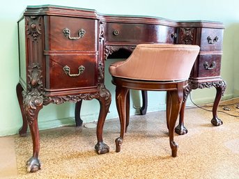 A Vintage 1950's Mahogany Veneer Vanity With Custom Glass Top