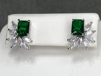 Fabulous Pair Sterling Silver / 925 Earrings With Sparkling White Topaz And Emerald Earrings - Very Pretty