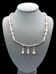 Vintage Sterling Silver Pink And White Beaded Necklace