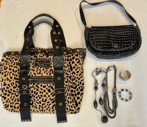 Betsy Johnson Animal Print Tote And Roberto Vascon Patent Leather Bag, Plus 2 Necklaces And Two Bracele