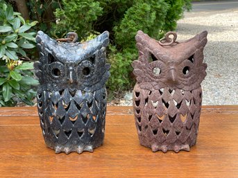 Pair Of Cast Iron Owls Candle Holders/Lanterns