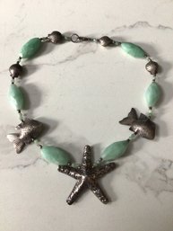 STUNNING STERLING SILVER STAR FISH AND FISH JADE ACCENT NECKLACE