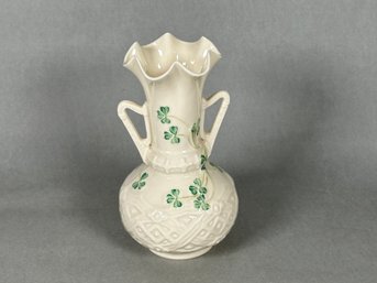 Vintage Belleek Shamrock Design Double Handled Scallop Rim Vase