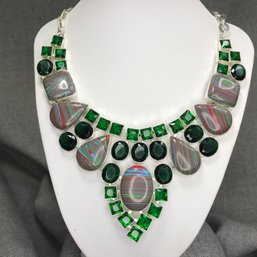 Incredible Sterling Silver / 925 Necklace With Tsavorite & Rainbow Calsilica Multi Gemstone Bib Necklace