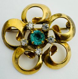 SIGNED BB 12K GOLD-FILLED BLUE & WHITE RHINESTONE FLOWER FORM BROOCH