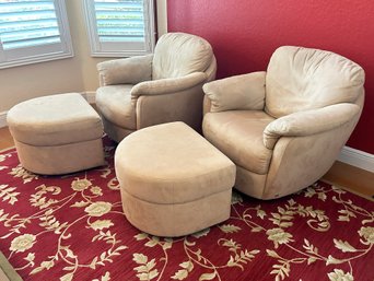 A Pair Of Upholstered Chairs And Ottomans In Durable Ultrasuede